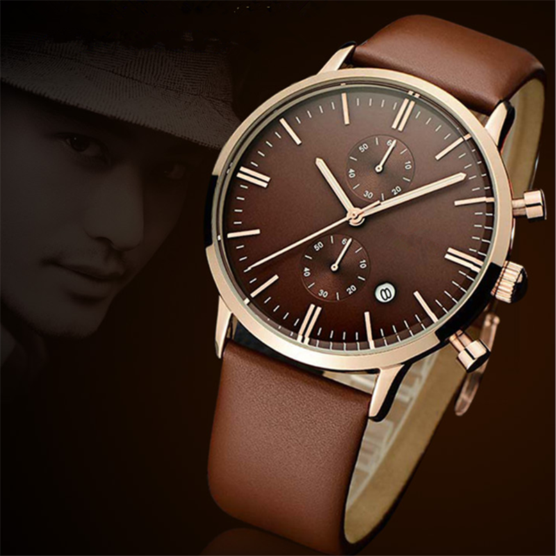 Gold plated black leather strap watch