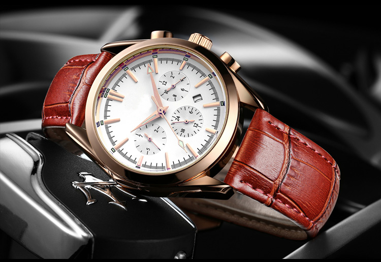 3 sub-dials leather strap alloy watch