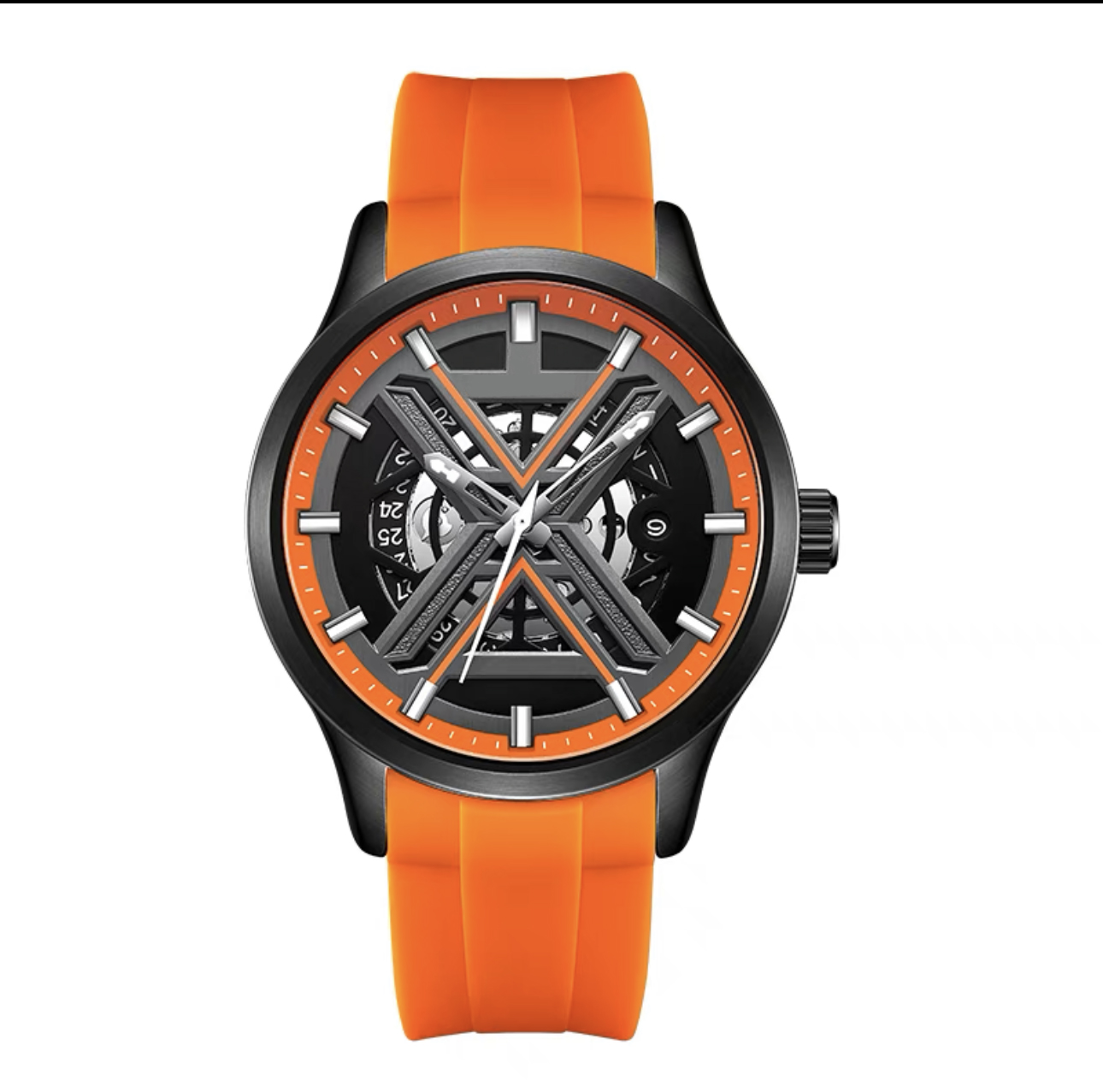 Customized 5ATM Waterproof Sapphire Mens Orange Silicone Strap Quartz Wrist Watch
